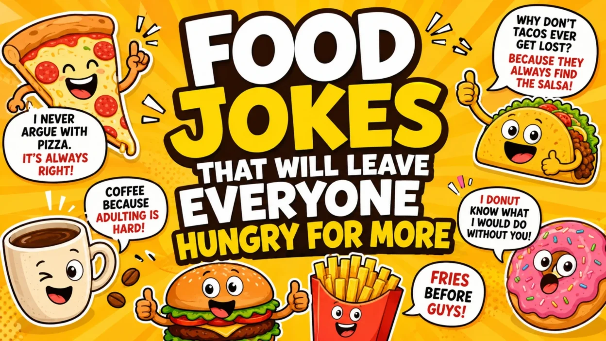 Food jokes cartoon banner with pizza, taco, burger, fries, coffee, and donut characters laughing