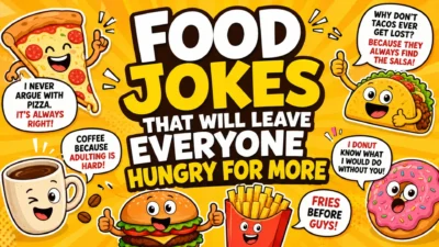 Food jokes cartoon banner with pizza, taco, burger, fries, coffee, and donut characters laughing