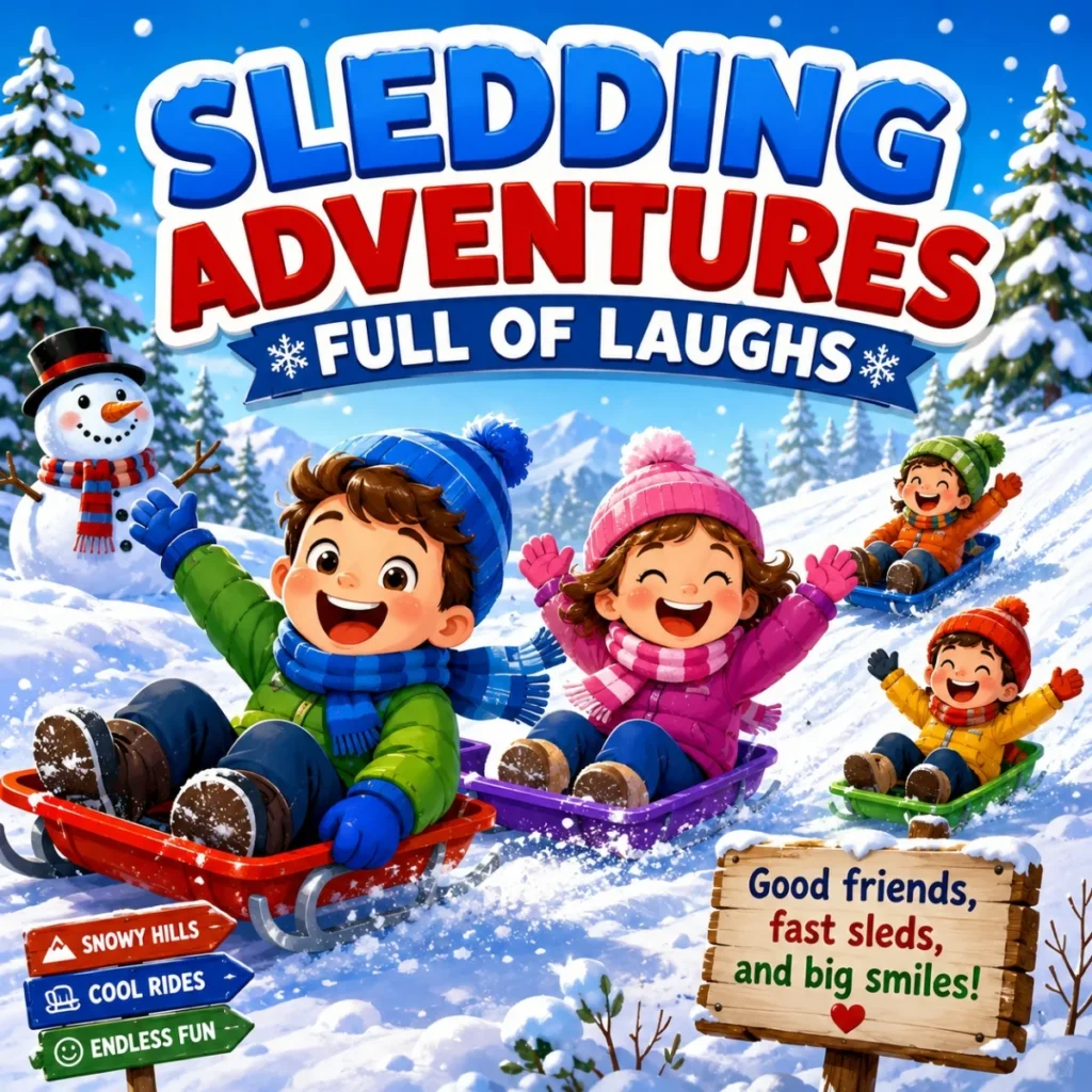 Kids sledding on snowy hills with snowman, winter trees, and colorful sledding adventures text