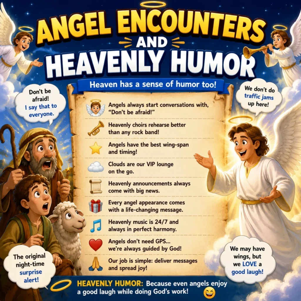 Angel encounters and heavenly humor image with angels, shepherds, clouds, and faith-based comedy