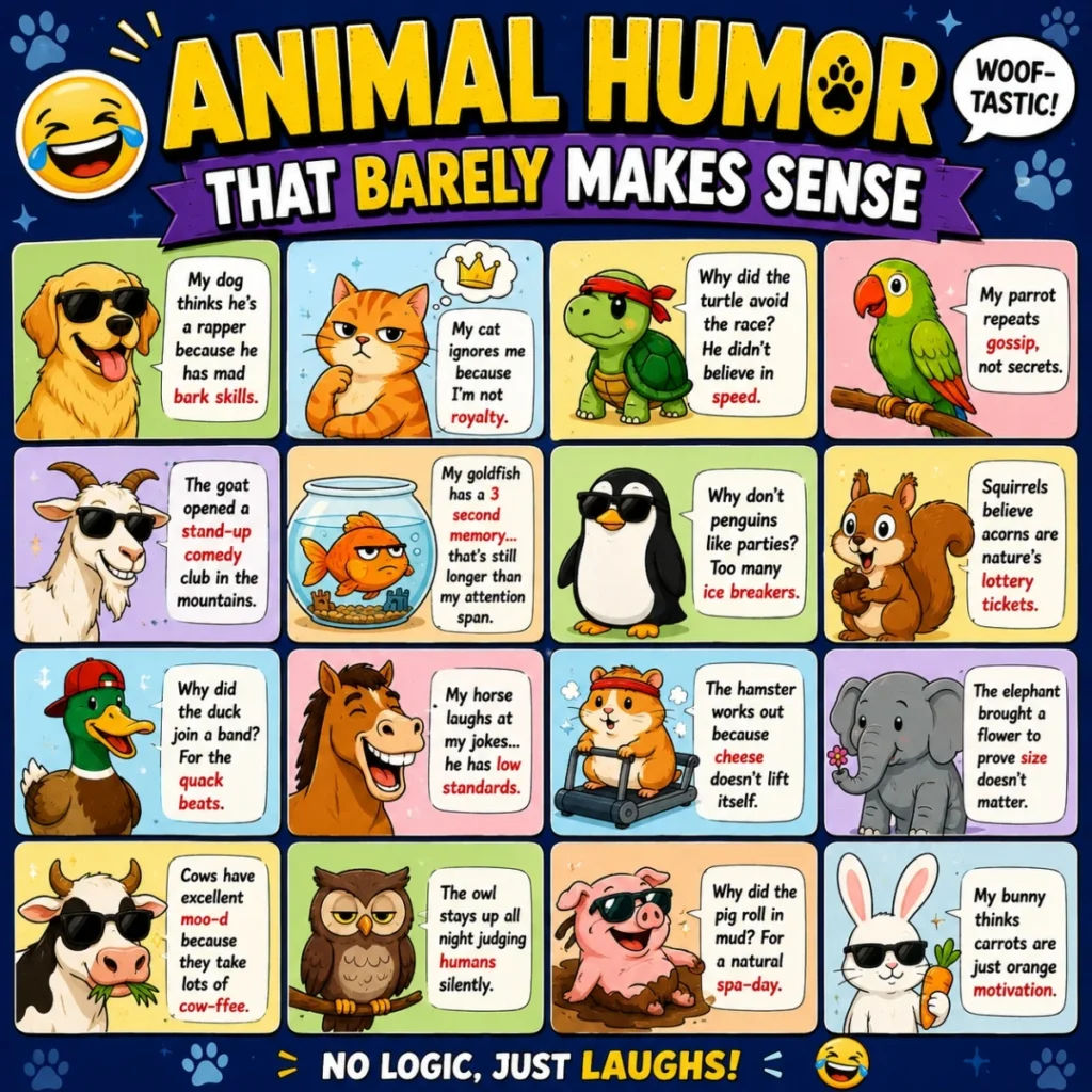 Animal humor poster with cartoon pets, funny joke panels, laughing emoji, and playful animal puns