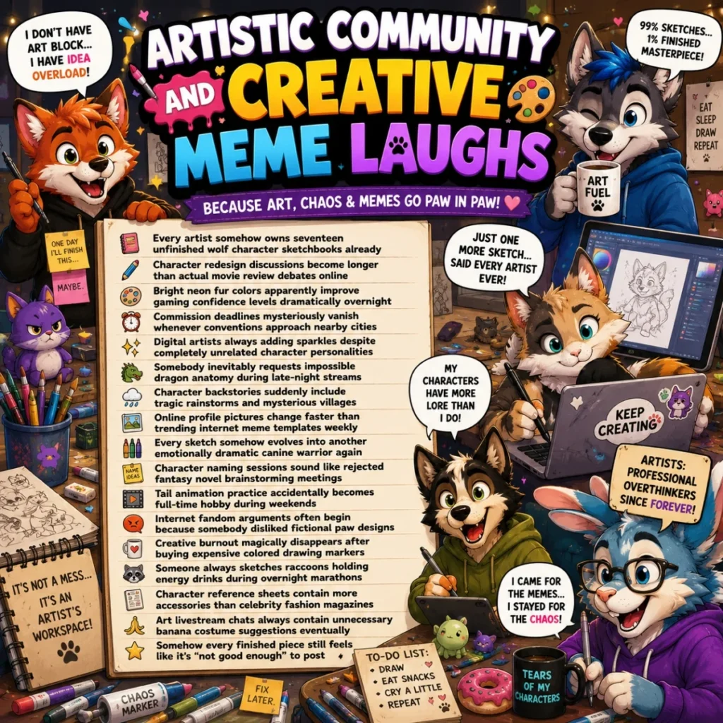 Artistic community meme laughs poster with furry artists, sketchbooks, art tools, and creative chaos
