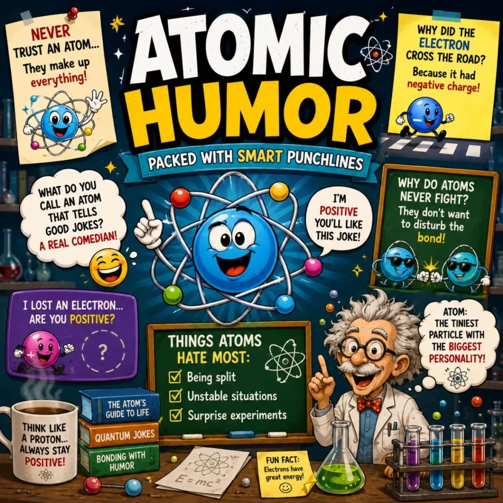 Atomic humor illustration with smart science punchlines, cartoon atoms, and colorful chemistry comedy