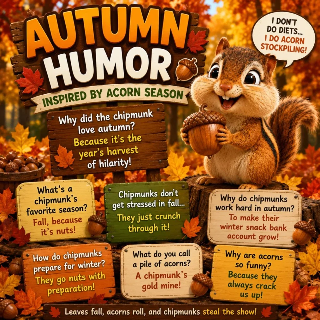 Cartoon chipmunk with acorns and autumn leaves enjoying funny fall woodland humor
