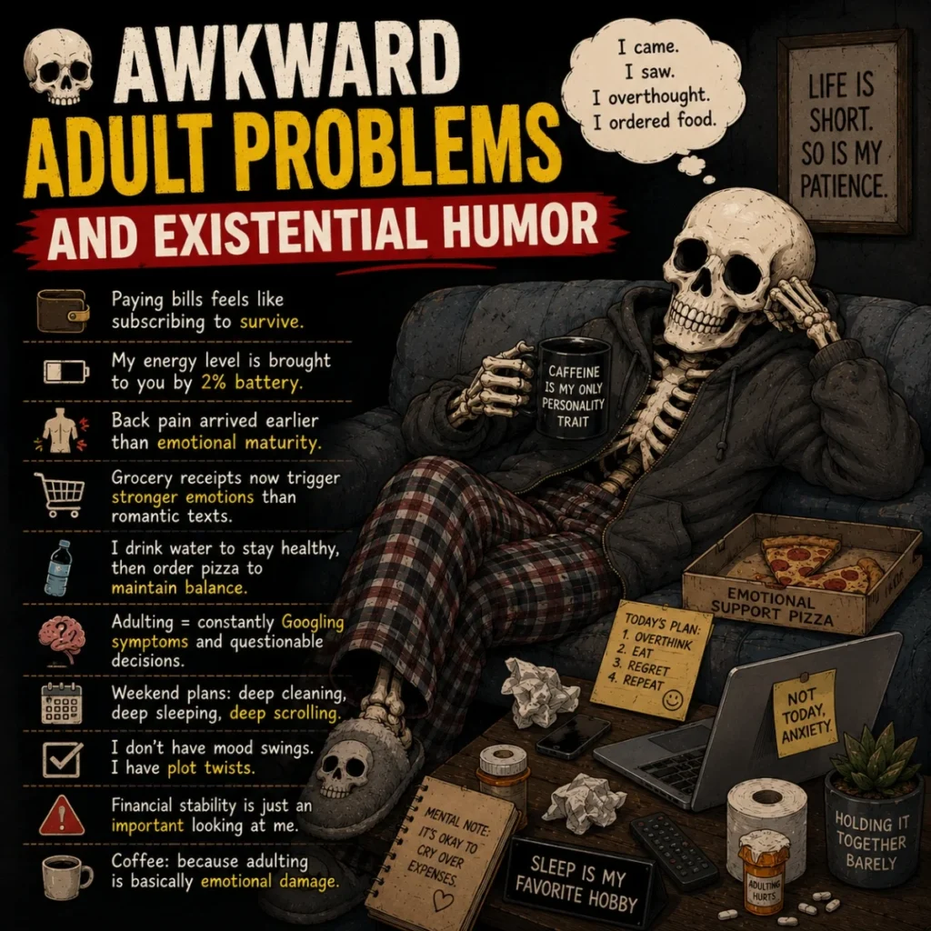 Existential adult humor image with tired skeleton, coffee mug, pizza, and sarcastic life quotes
