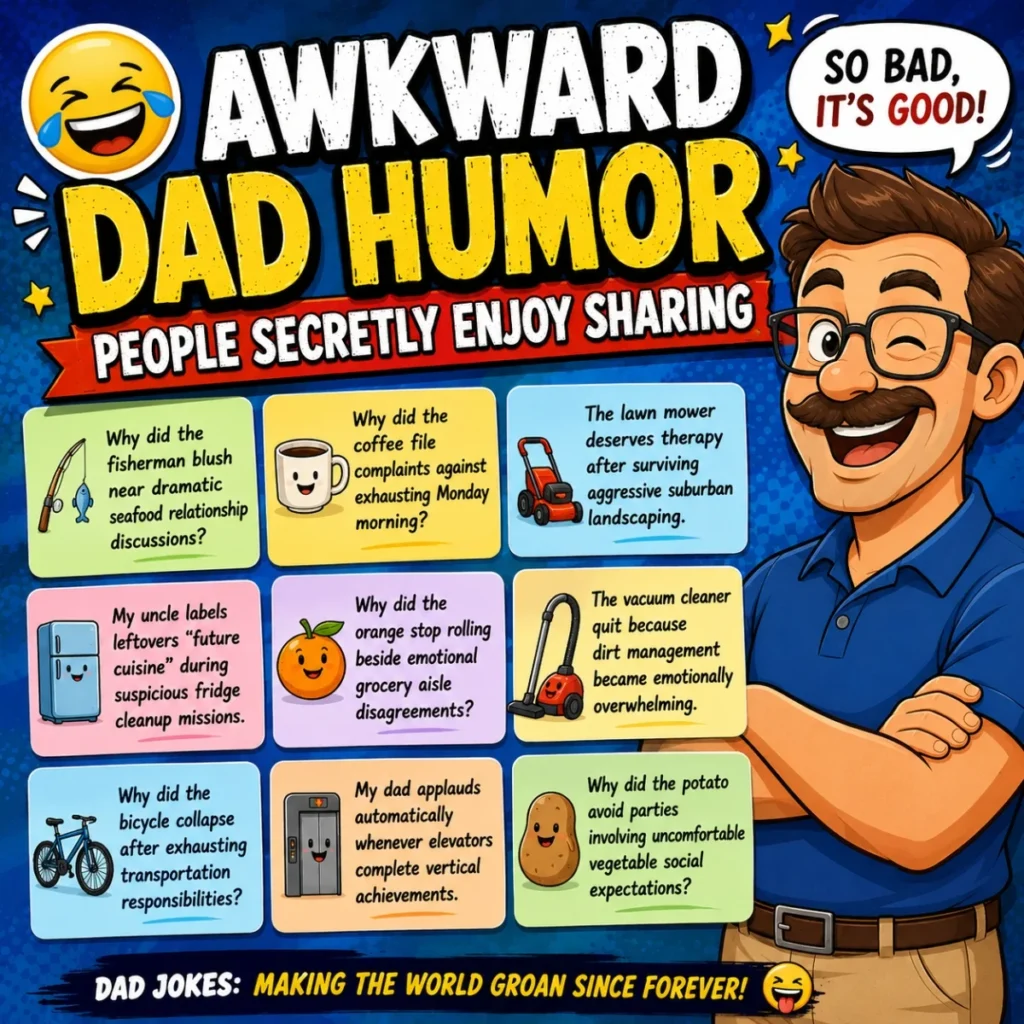Awkward dad humor poster with cartoon dad, laughing emoji, joke cards, and cheesy dad jokes