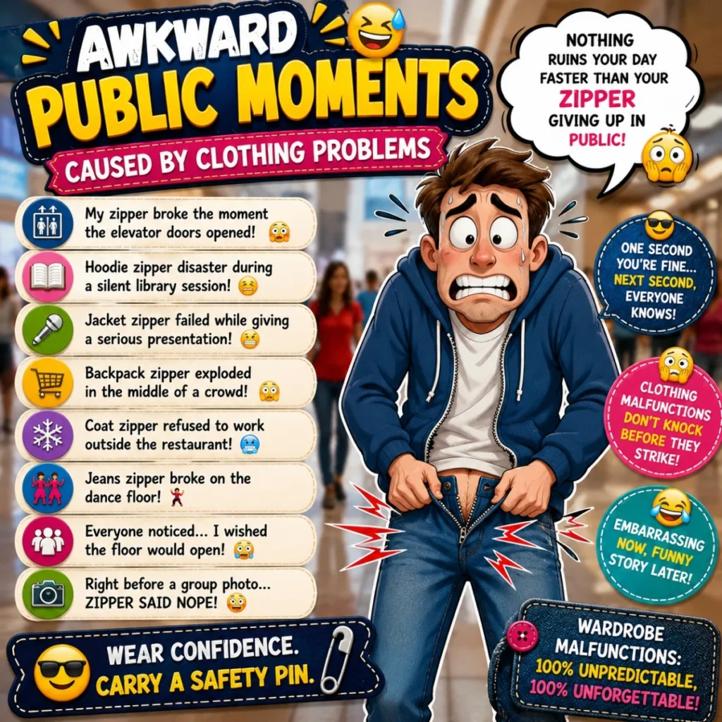 Funny clothing problems graphic showing awkward public fashion moments with zipper humor and cartoon style