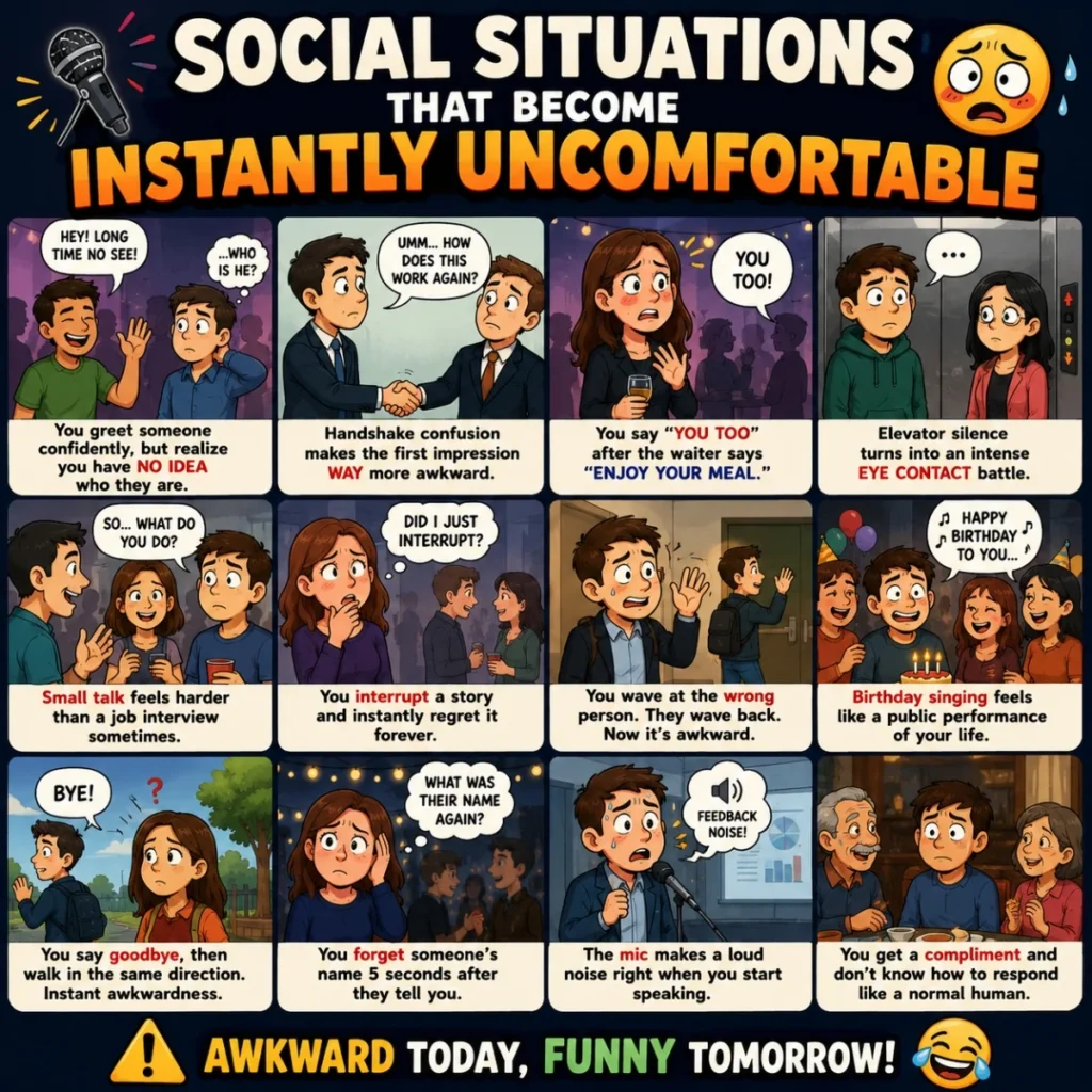 Cartoon infographic showing awkward social situations with funny uncomfortable momentsv