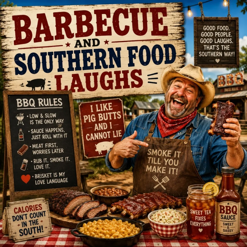 Southern barbecue humor poster with laughing cowboy, ribs, brisket, sweet tea, BBQ sauce, and rustic food signs
