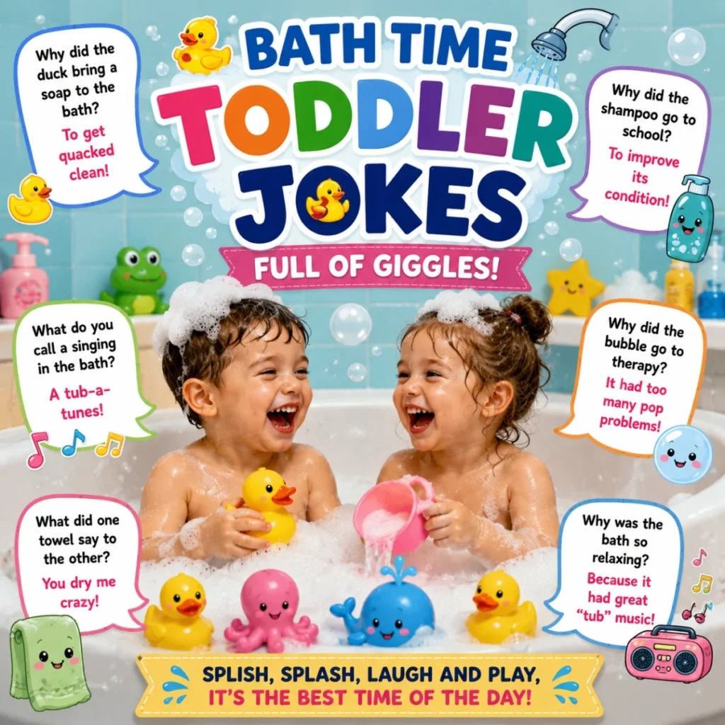 Bath time toddler jokes image with laughing kids, bubbles, rubber ducks, and playful bath toys