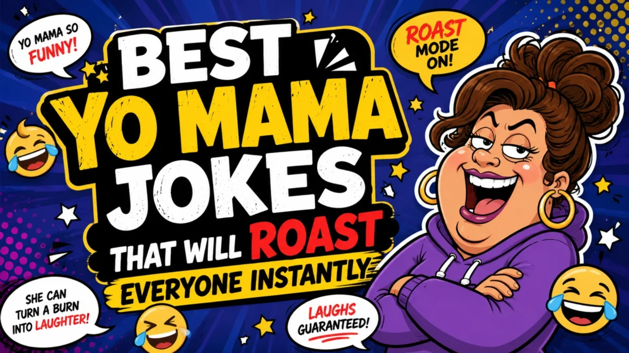 Best Yo Mama Jokes cartoon thumbnail with laughing emojis, roast text, and playful comedy design