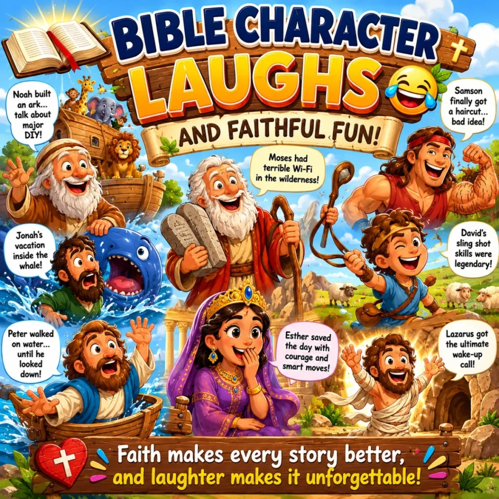 Bible character laughs image with Noah, Moses, David, Esther, and funny faith-based humor scenes