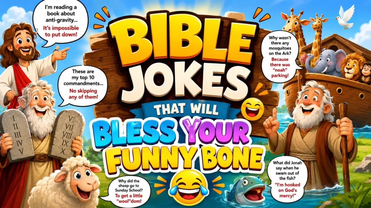 Bible jokes cover image with cheerful church humor theme and funny faith-inspired comedy title