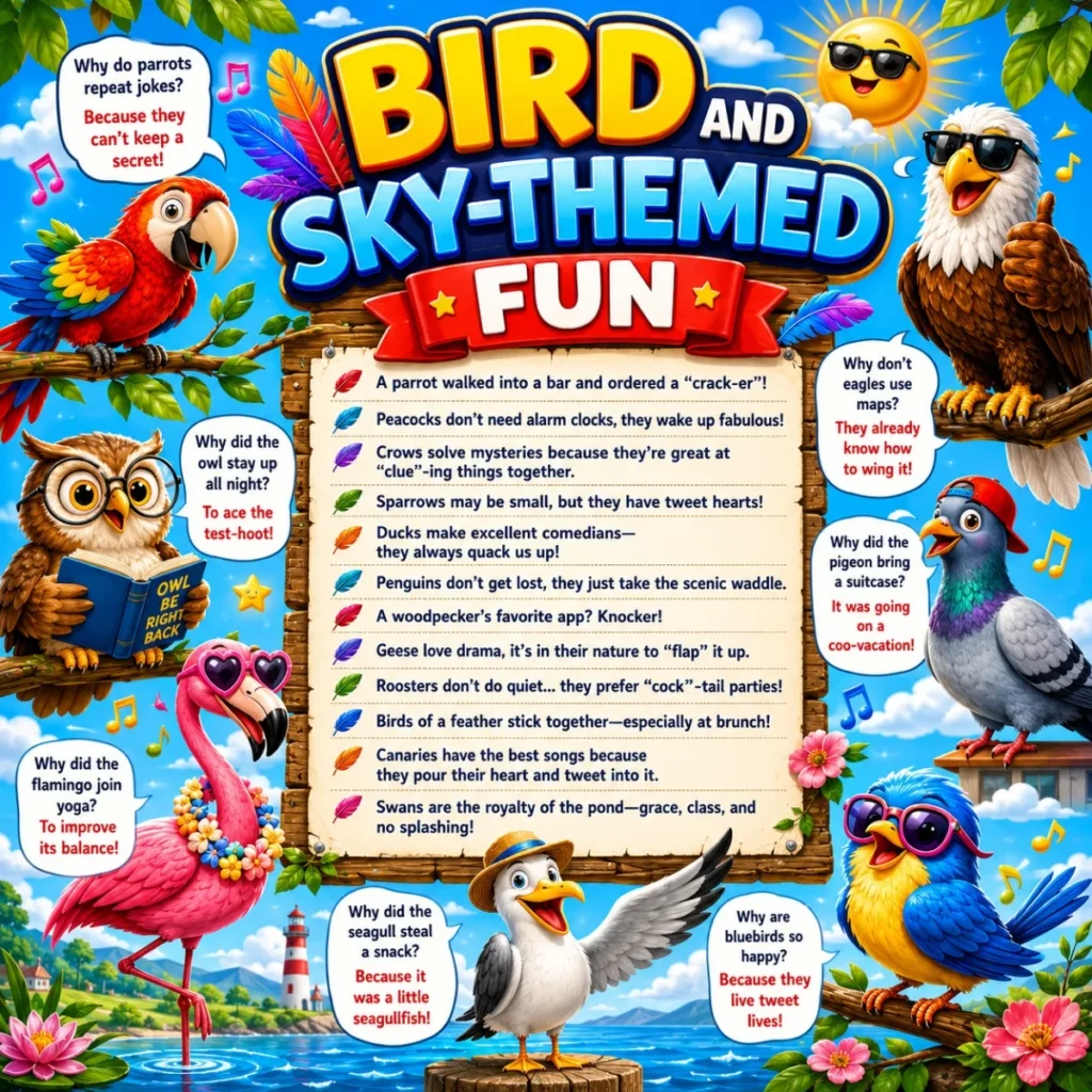 Bird and sky-themed fun poster with parrots, flamingos, penguins, owls, and funny flying jokes