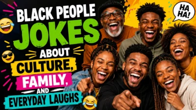 Black family and friends laughing in a colorful comedy thumbnail about culture, family, and everyday jokes