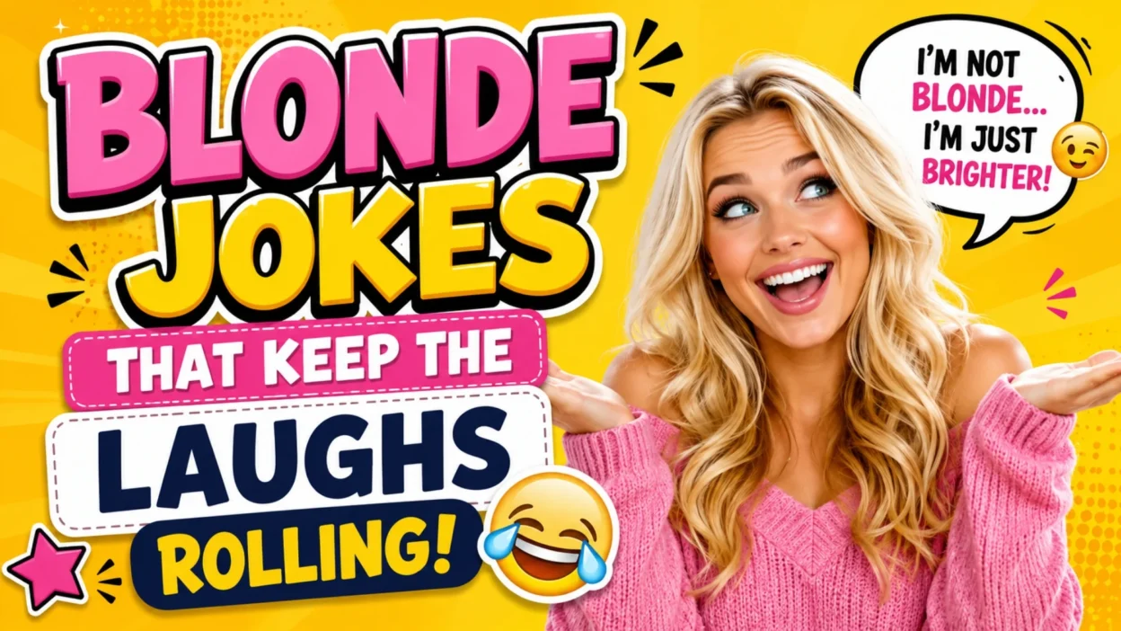 Blonde jokes thumbnail with smiling blonde woman, bold comic text, yellow background, and laughing emoji