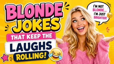 Blonde jokes thumbnail with smiling blonde woman, bold comic text, yellow background, and laughing emoji