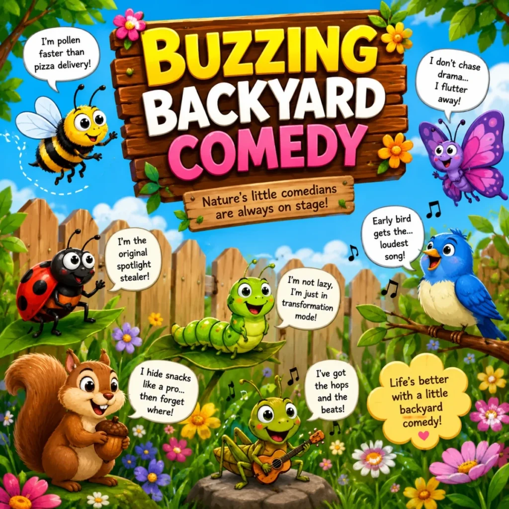 Buzzing backyard comedy with funny insects, flowers, bird, squirrel, and cheerful garden humor