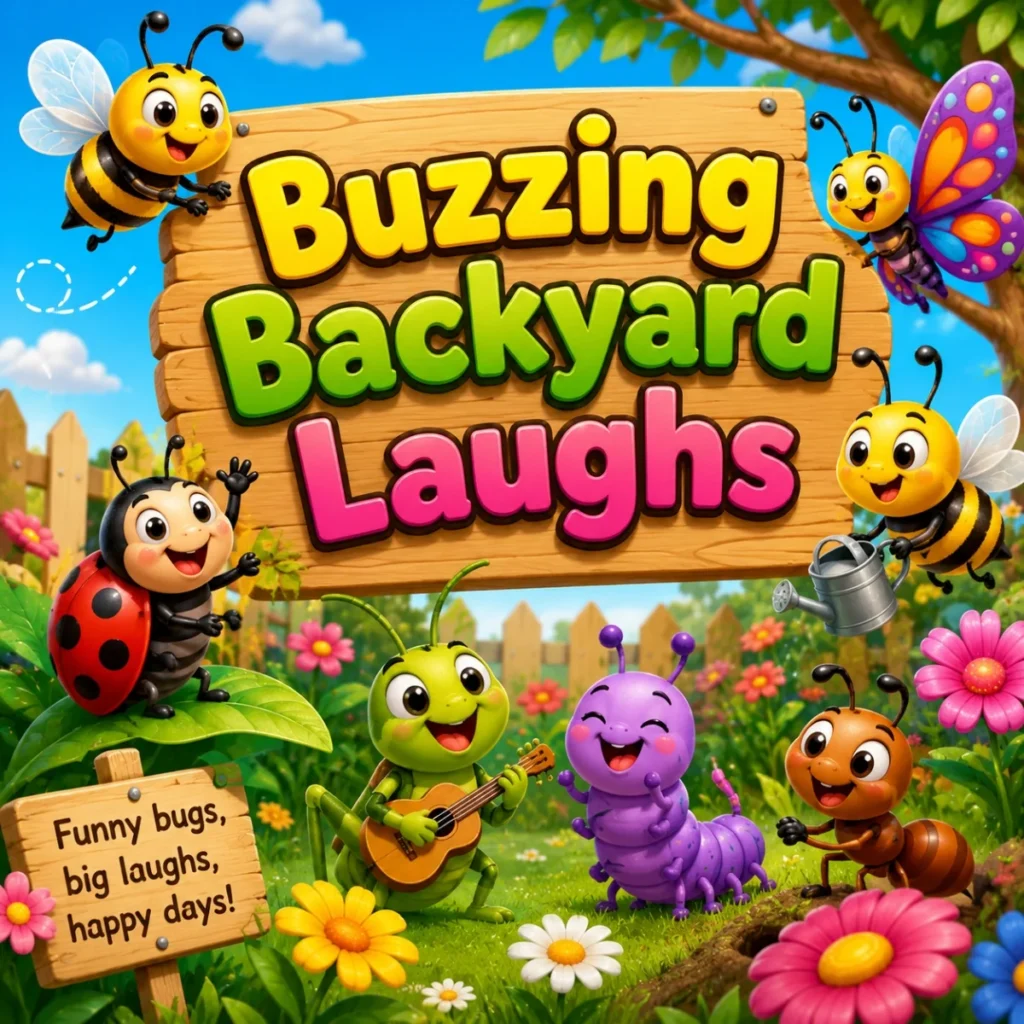 Buzzing backyard laughs with smiling bees, ladybug, butterfly, flowers, and cheerful garden bugs