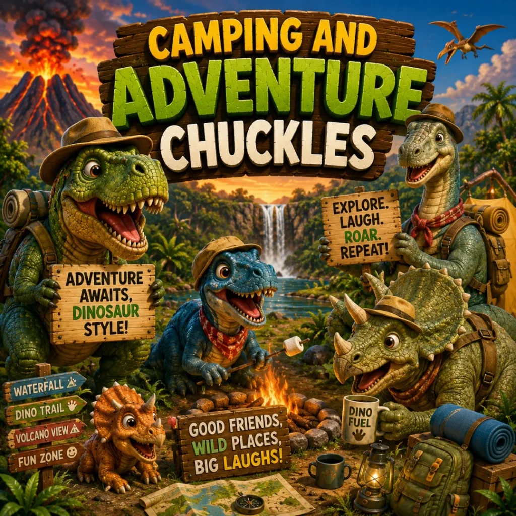Camping dinosaurs laughing by a campfire in a prehistoric jungle adventure scene