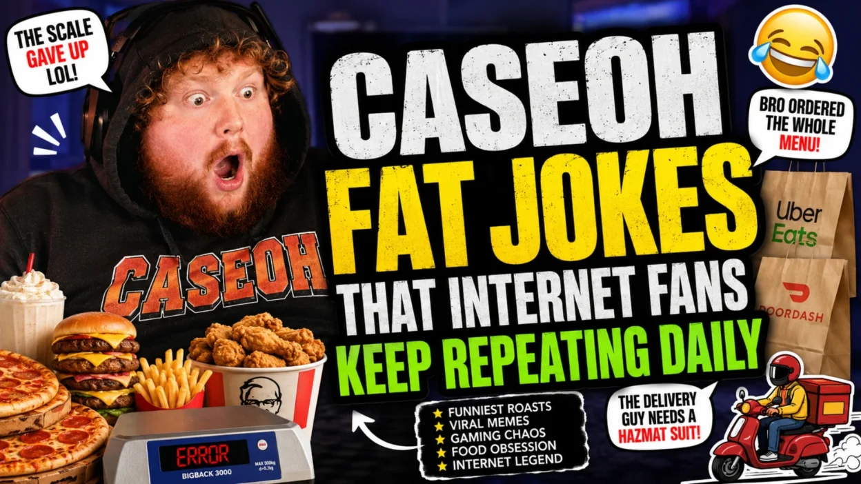 CaseOh fat jokes thumbnail with gamer reaction, food memes, delivery bags, and viral roast text
