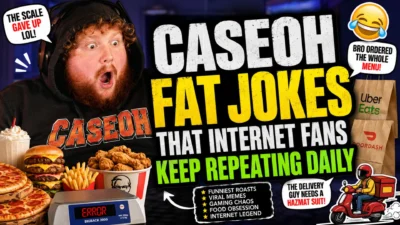 CaseOh fat jokes thumbnail with gamer reaction, food memes, delivery bags, and viral roast text