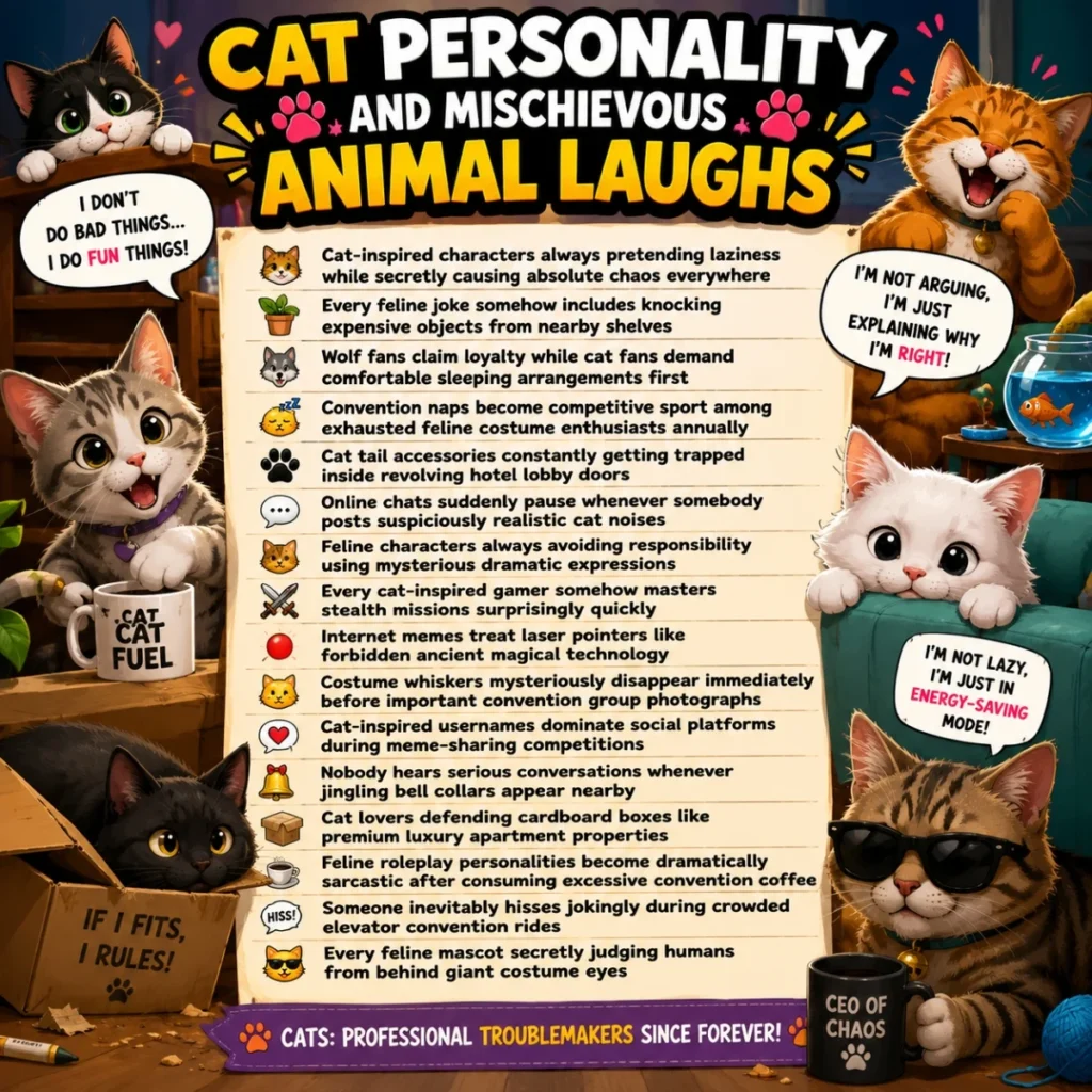 Cat personality jokes poster with mischievous cartoon cats, funny quotes, and feline humor