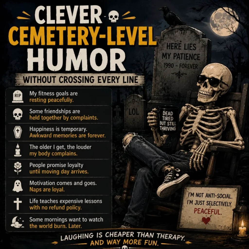 Cemetery-level humor image with dark comedy mood, clever jokes, and spooky fun theme