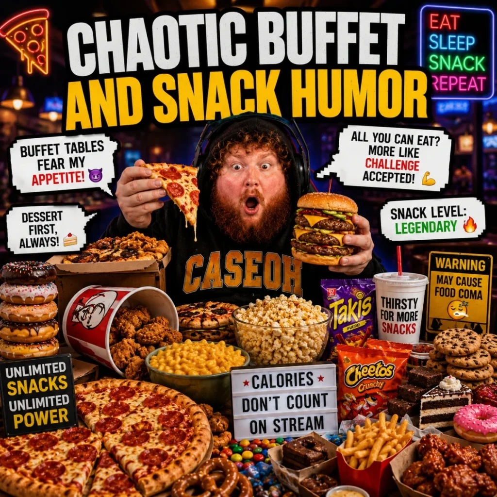 Chaotic buffet snack humor poster with CaseOh, pizza, burgers, desserts, and funny meme text