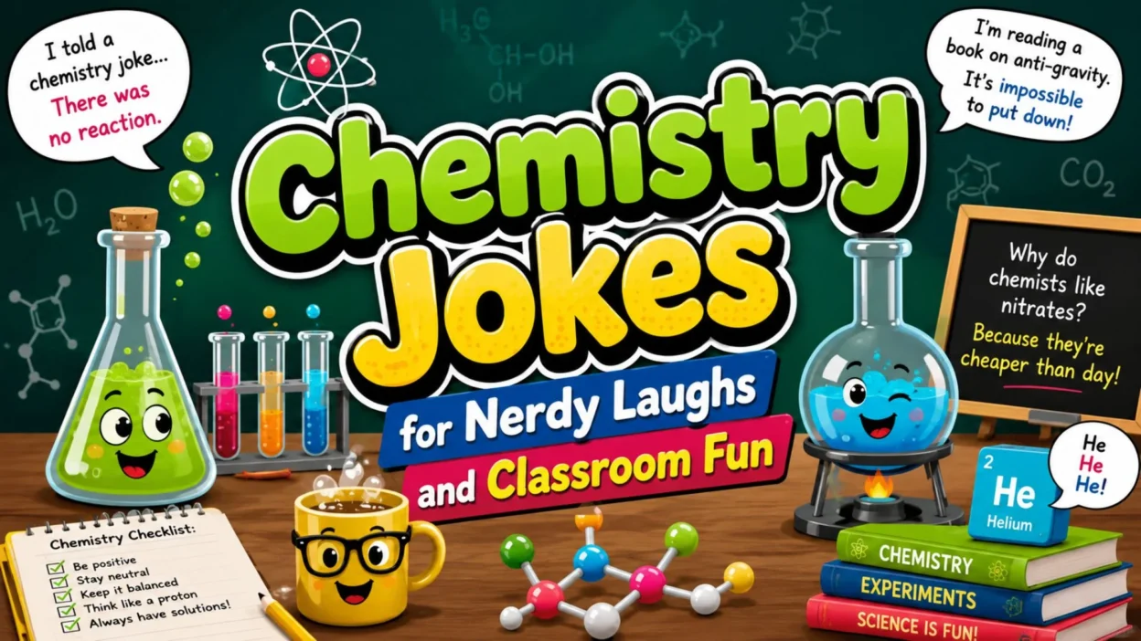 Colorful chemistry jokes illustration with funny science puns, lab equipment, and classroom humor design