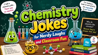 Colorful chemistry jokes illustration with funny science puns, lab equipment, and classroom humor design