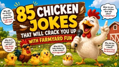 Funny chicken jokes image with cheerful farmyard chickens, eggs, and bright countryside comedy theme
