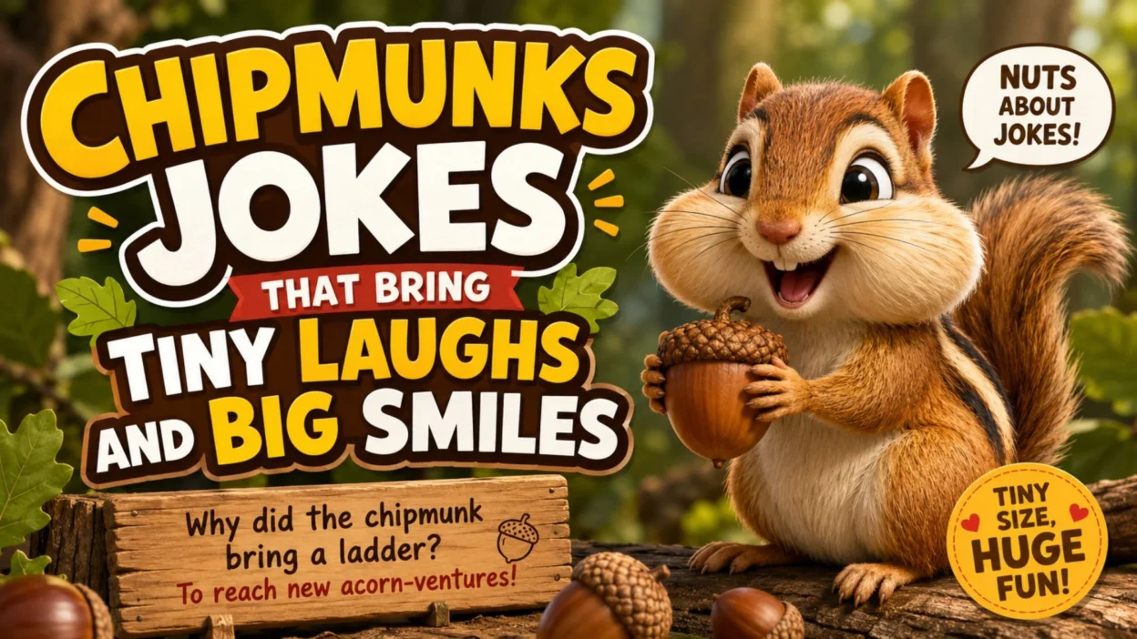 Cute cartoon chipmunk holding an acorn with funny Chipmunks Jokes text in a colorful forest background