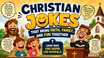 Christian jokes image with joyful family, church humor, faith, and laughter theme