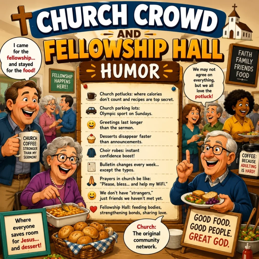 Church fellowship hall humor image with joyful crowd, potluck food, and family-friendly Christian comedy