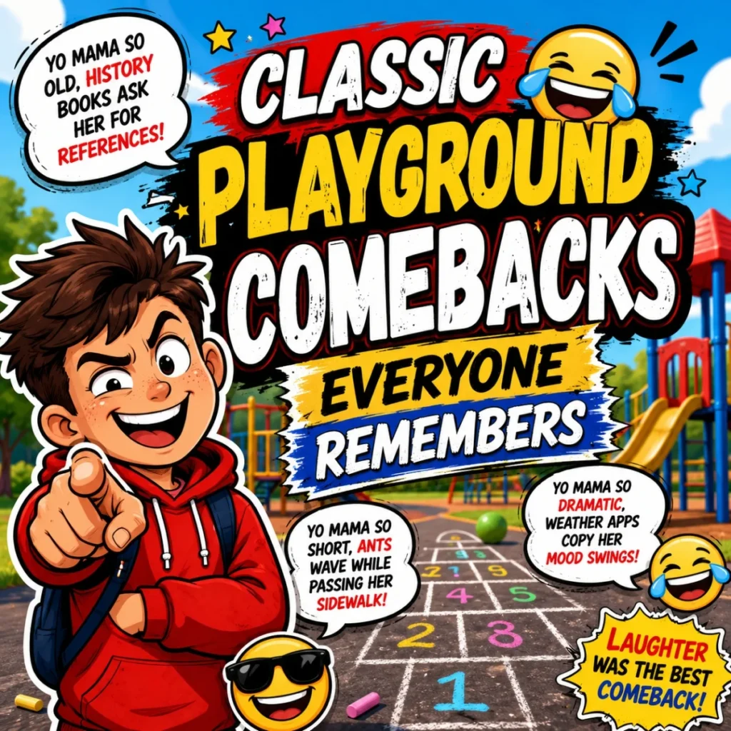 Classic playground comeback jokes thumbnail with laughing kids, speech bubbles, and colorful schoolyard humor