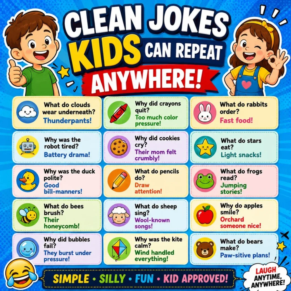 Clean jokes kids can repeat anywhere poster with colorful cartoon characters and simple kid-friendly punchlines