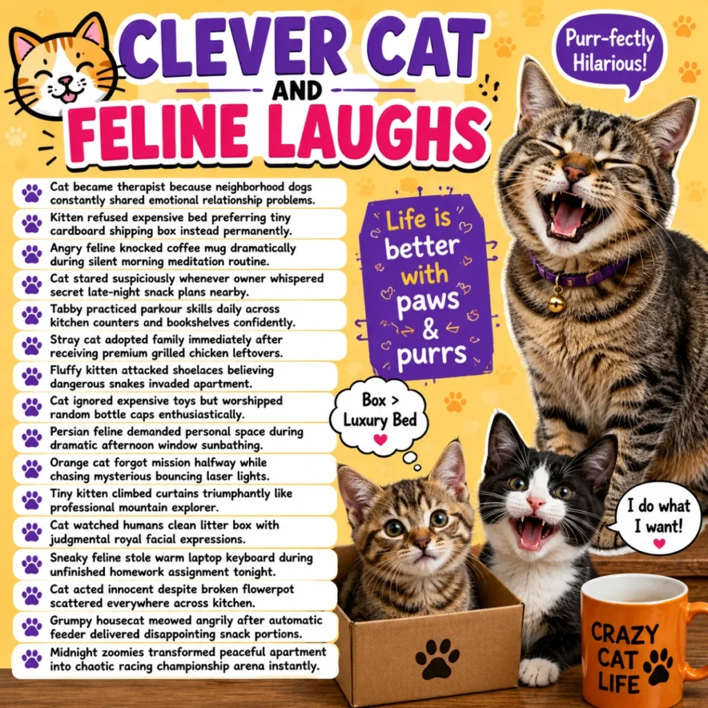Clever cat jokes poster with laughing cats, kittens, speech bubbles, and funny feline punchlines