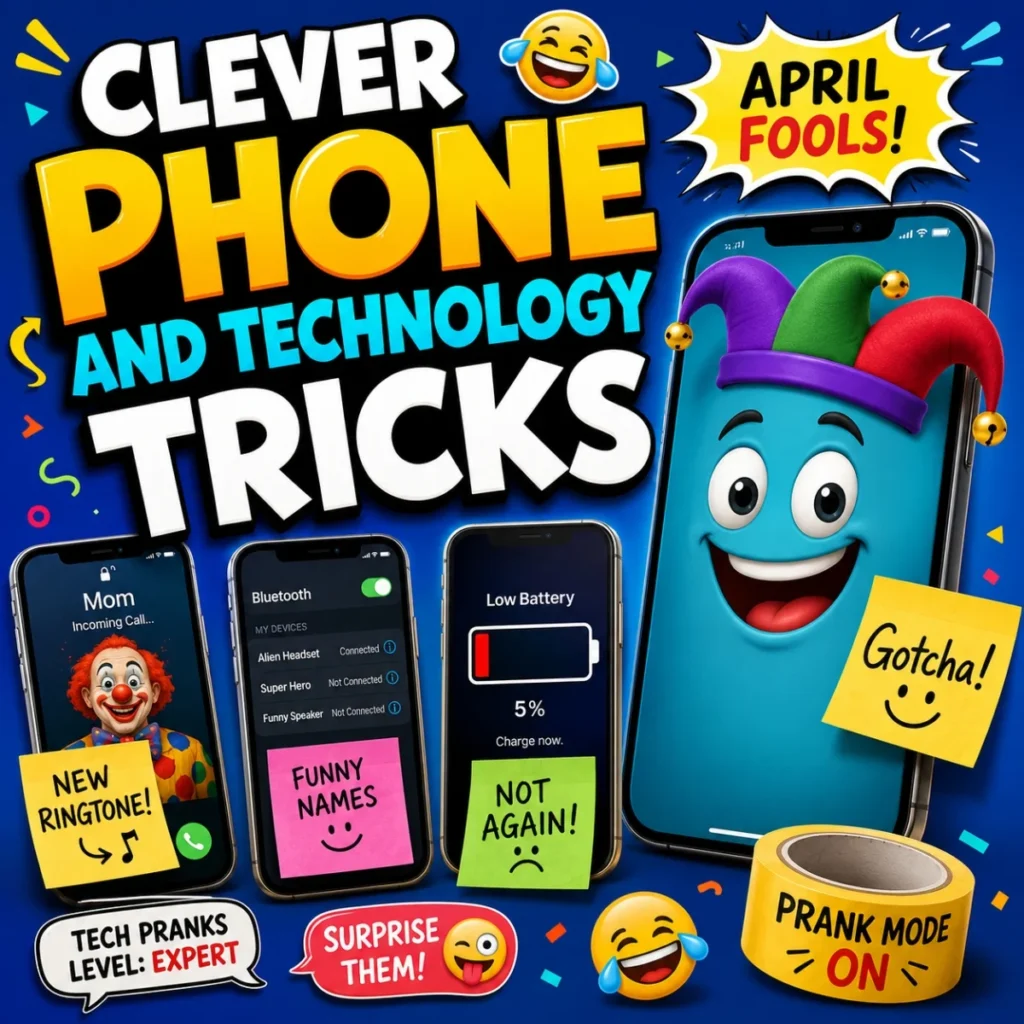 Clever phone and technology tricks image with smartphone pranks, app icons, and funny digital humor