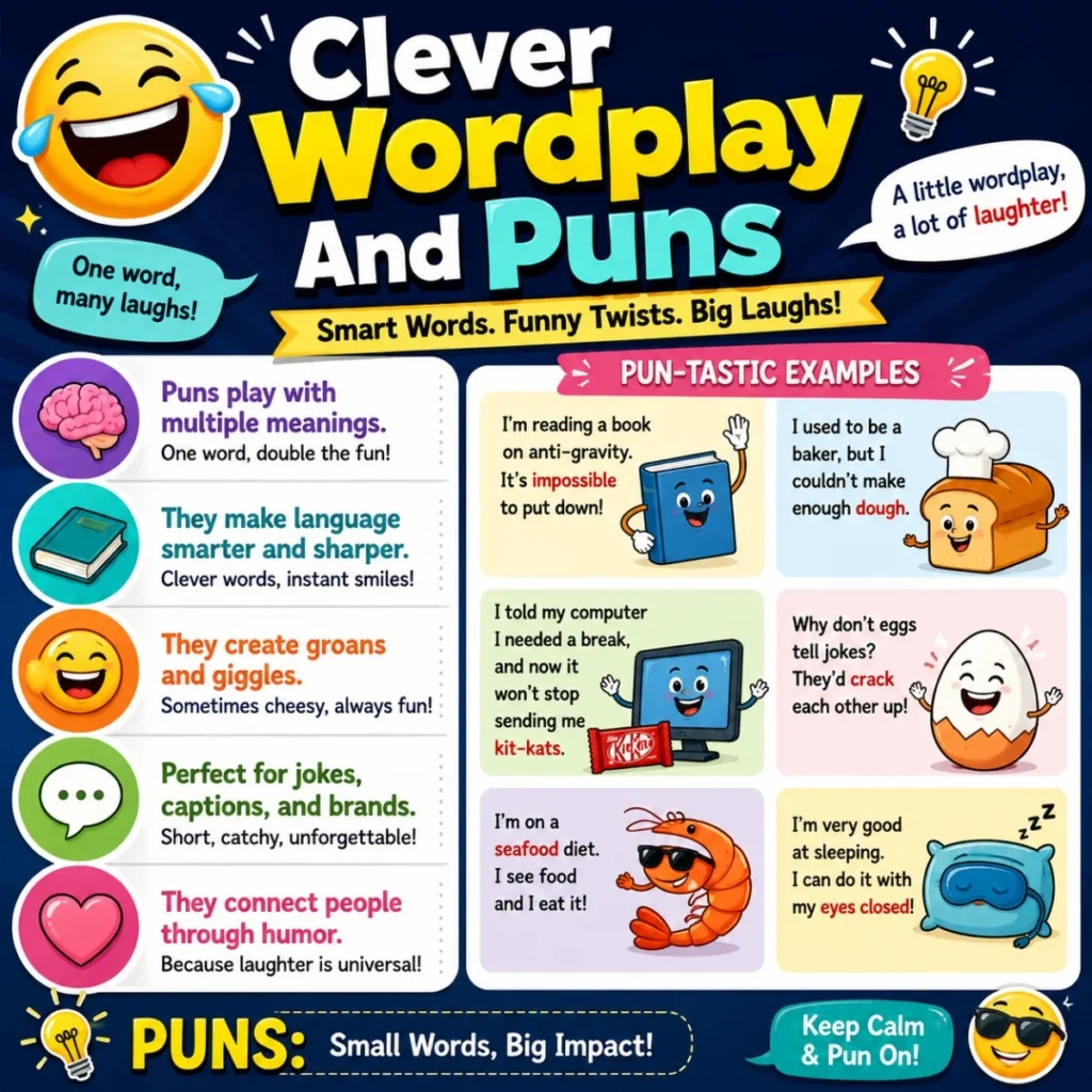 Clever wordplay and puns infographic with funny examples and colorful humor icons