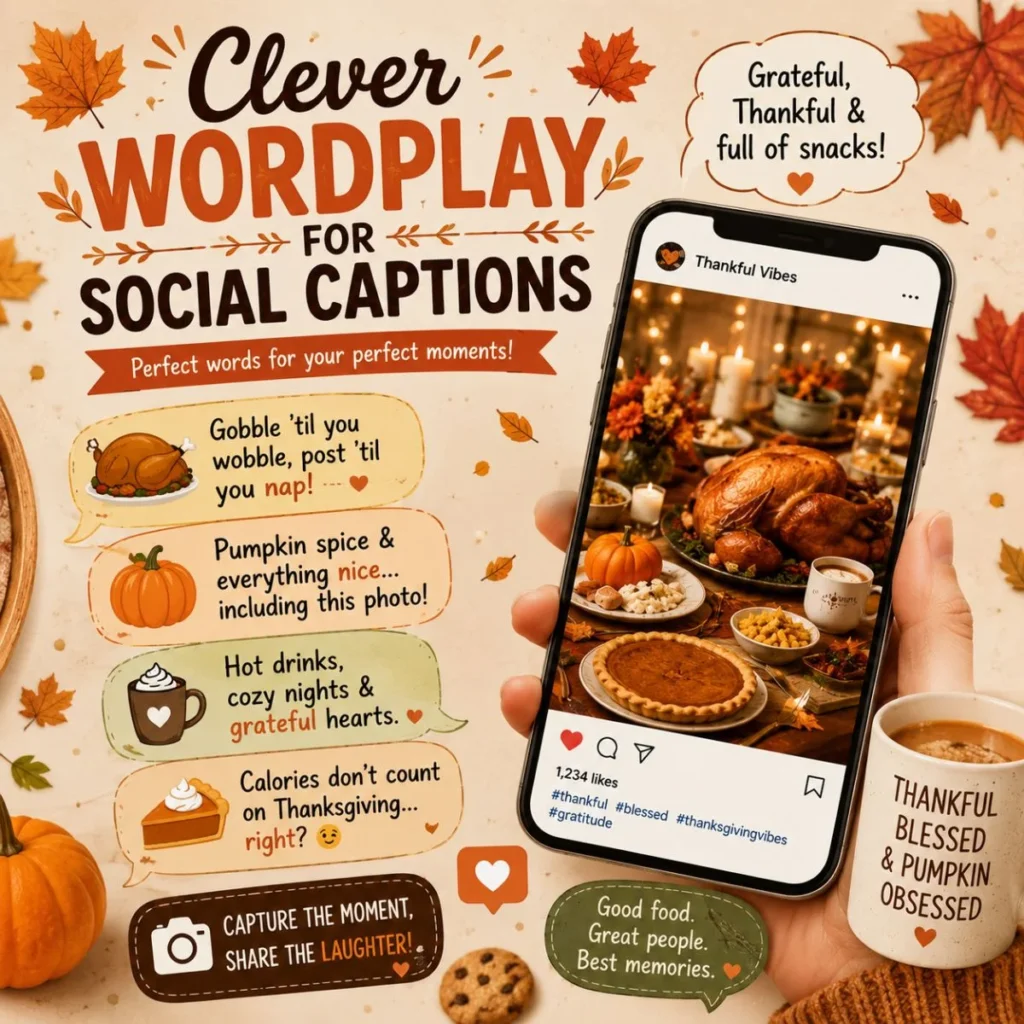 Clever wordplay for social captions with Thanksgiving phone post, autumn leaves, pumpkin pie, and cozy fall quotes