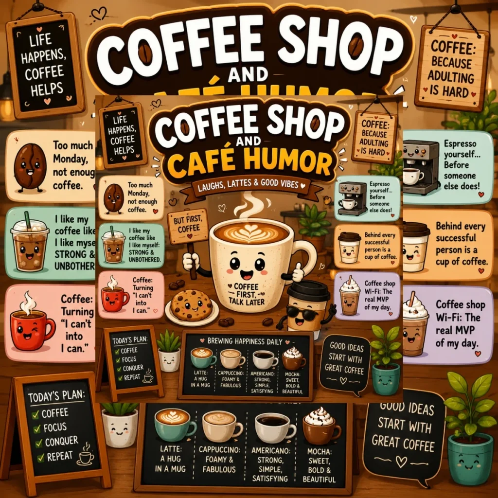 Coffee shop humor poster with cute latte, espresso, cafรฉ quotes, and funny coffee cartoon characters