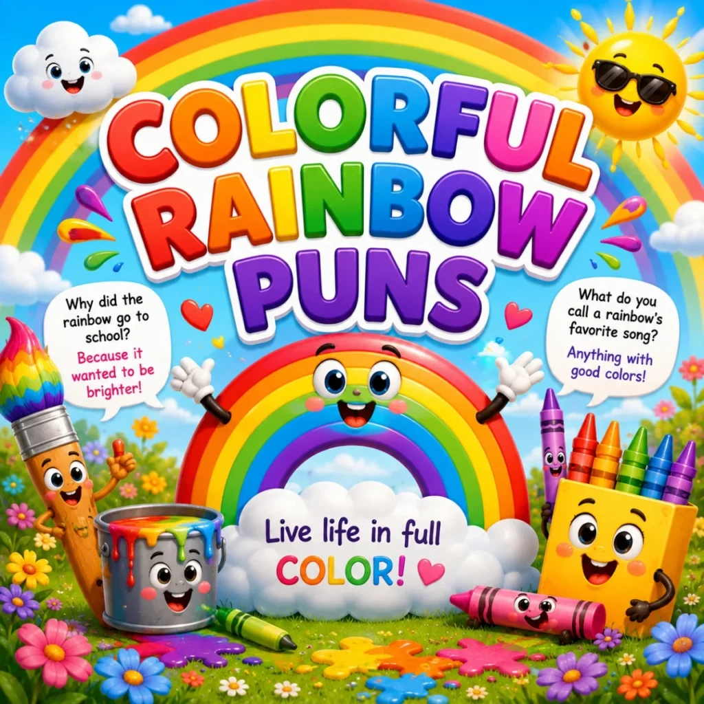 Colorful rainbow puns with smiling rainbow, sun, clouds, crayons, paint, and cheerful spring flowers