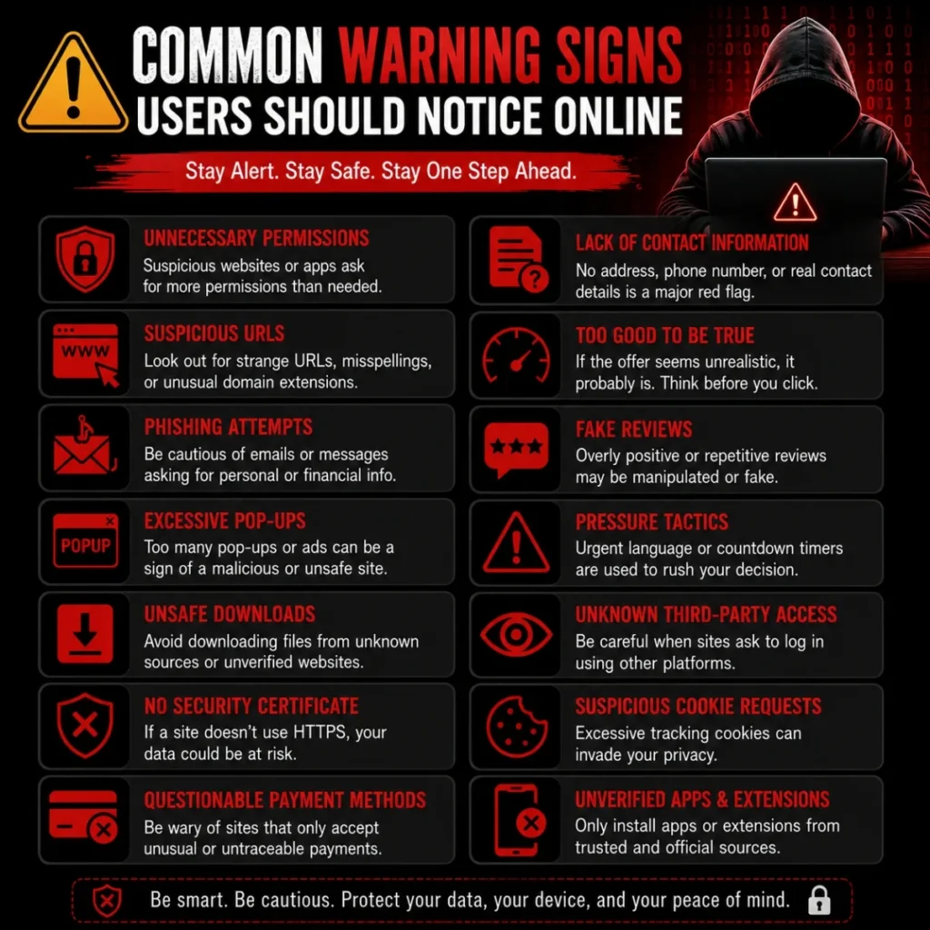 Common online warning signs infographic with phishing, unsafe downloads, pop-ups, and privacy risks