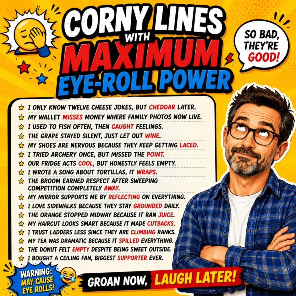 Corny dad joke comic image with eye-roll expression, bold text, and playful square social media design