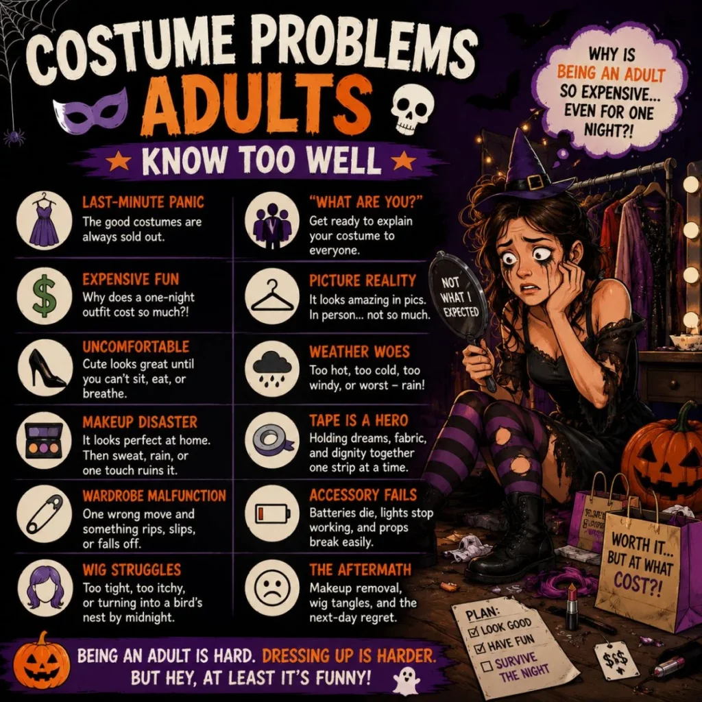 Costume problems poster with adults, Halloween outfits, spooky humor, and funny party chaos