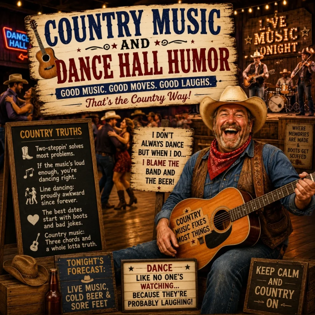 Country music humor poster with cowboy guitarist, dance hall, live band, dancers, and rustic western signs
