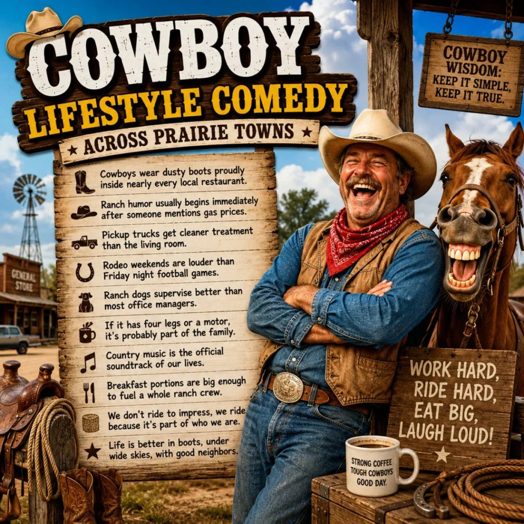 Cowboy lifestyle comedy poster with laughing rancher, horse, prairie town, boots, rope, and western humor