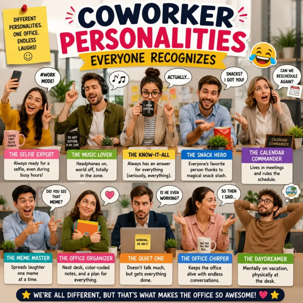 Coworker personalities office humor image with funny employee types, desk scenes, memes, snacks, and meetings