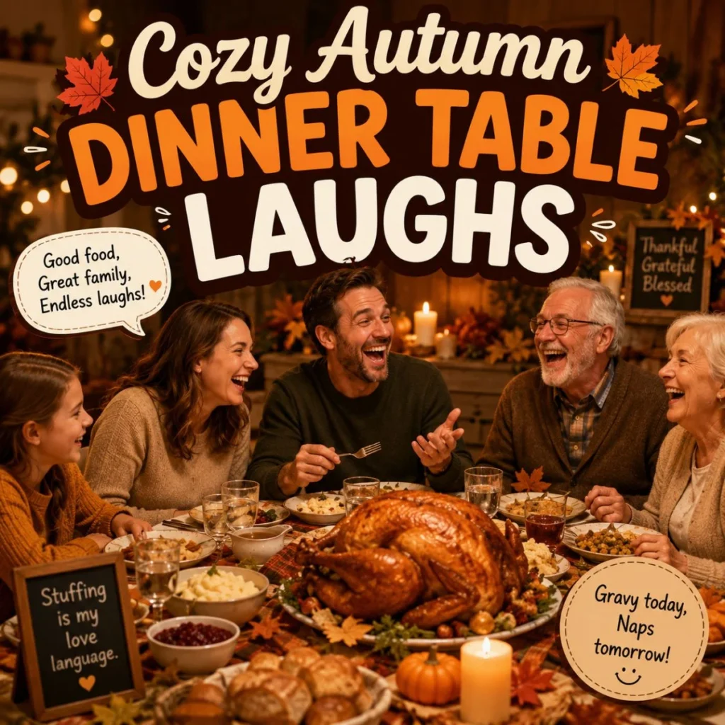 Cozy autumn dinner table laughs with happy family, roast turkey, and warm Thanksgiving decorations
